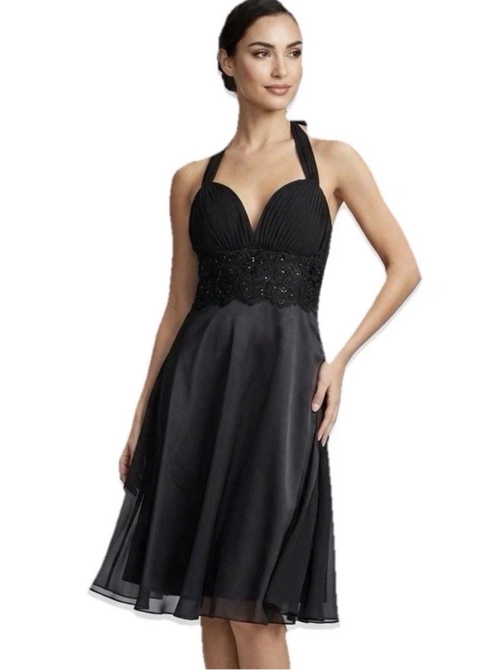 Y2K VTG WHBM Black Halter Dress Beaded Lace Cocktail Party Wedding Formal LBD 12